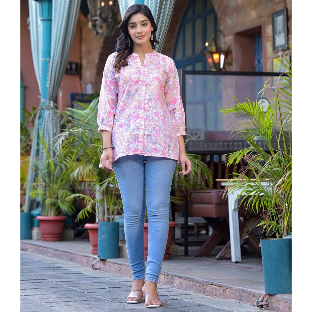 Pink Floral Printed Pure Cotton A-Line Top - Image 4