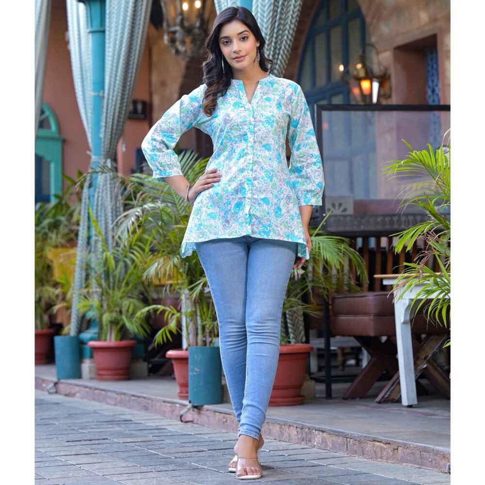 Sky Blue Floral Printed Pure Cotton A-Line Top - Image 4
