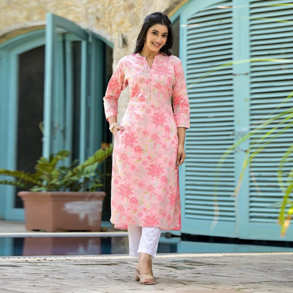Peach Floral Printed Pure Cotton Straight Kurti - Image 4