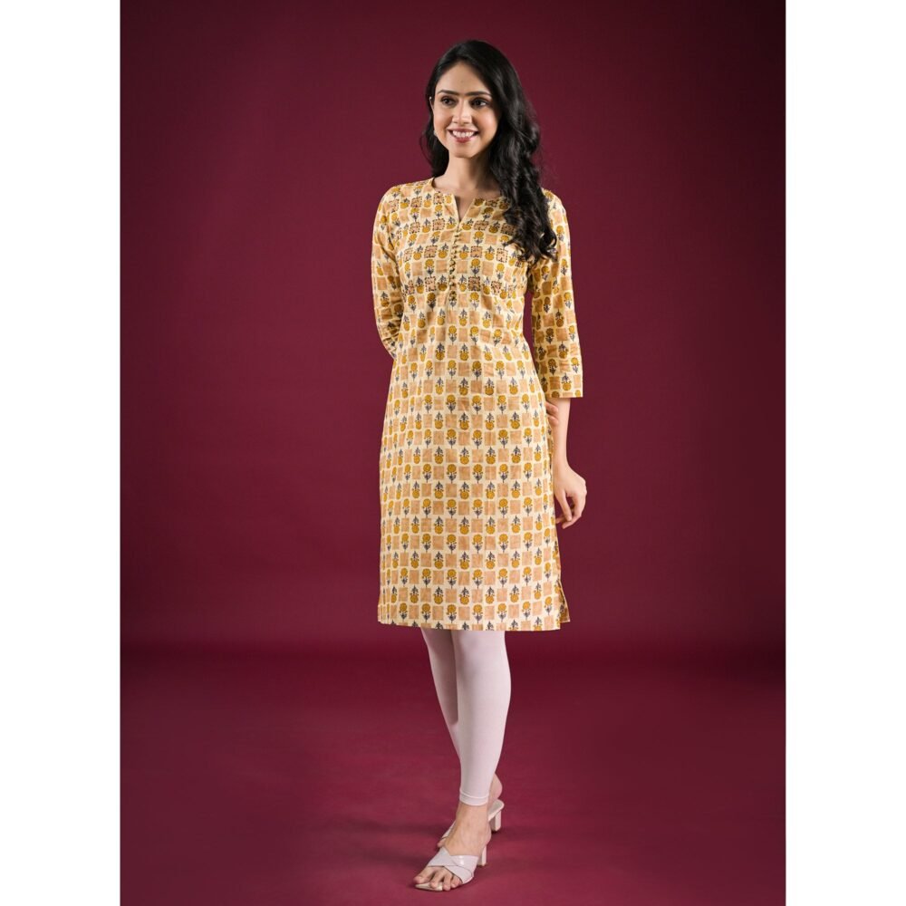 Mustard Floral Printed Pure Cotton Straight Kurti - Image 4