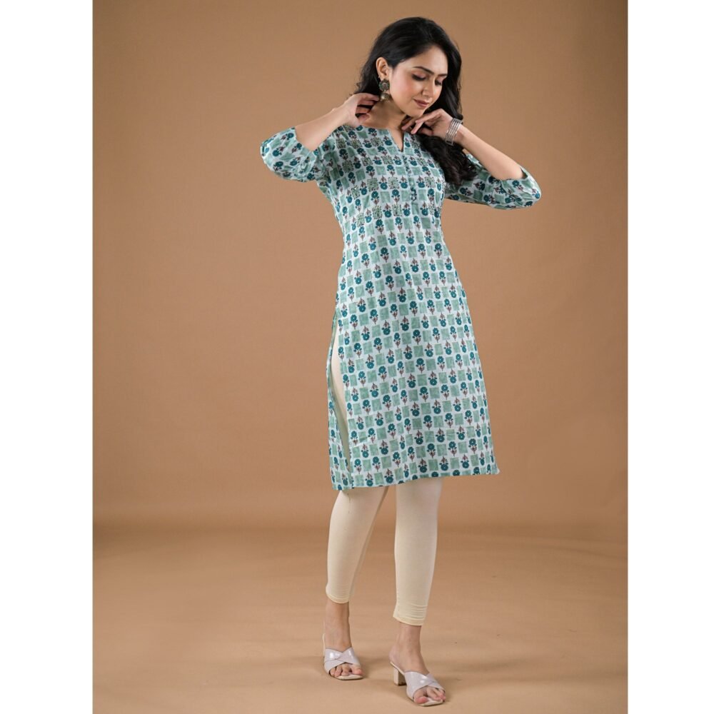 Sea Green Floral Printed Pure Cotton Straight Kurti - Image 4