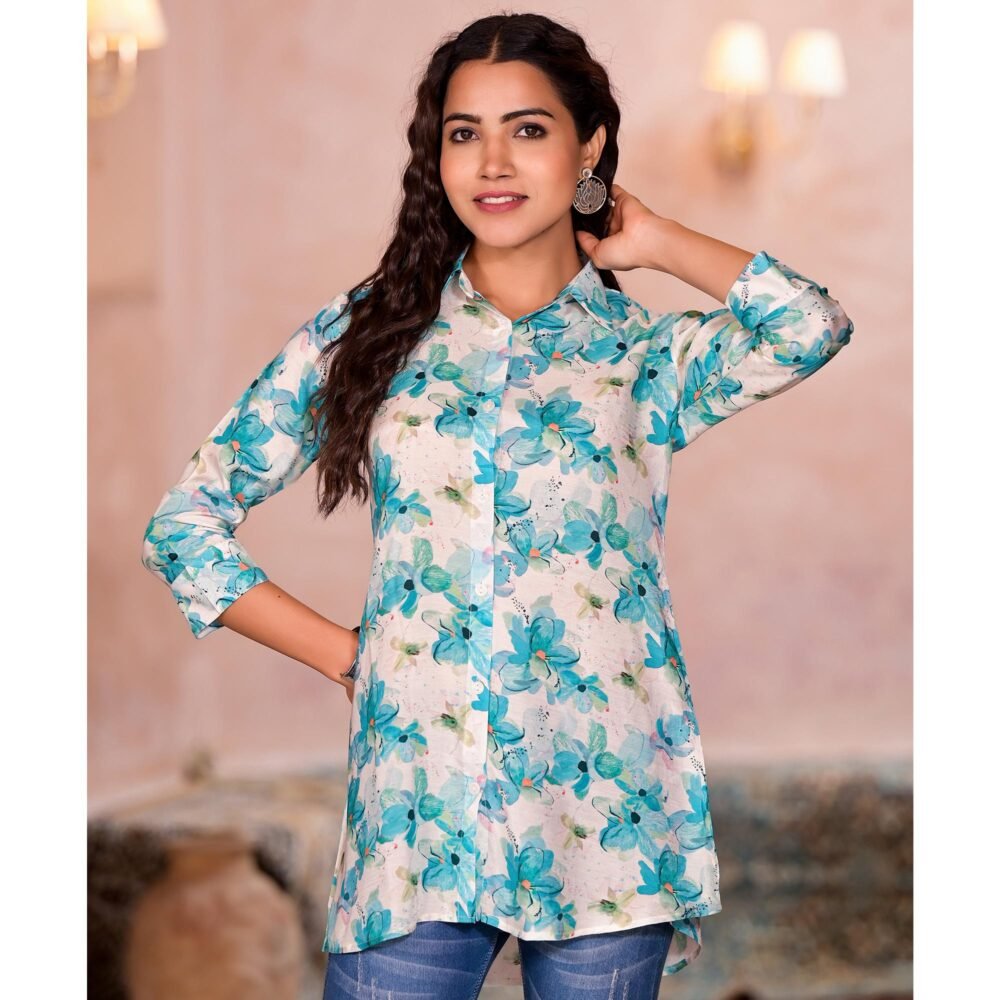 Turquoise Floral Printed Muslin Top - Image 4