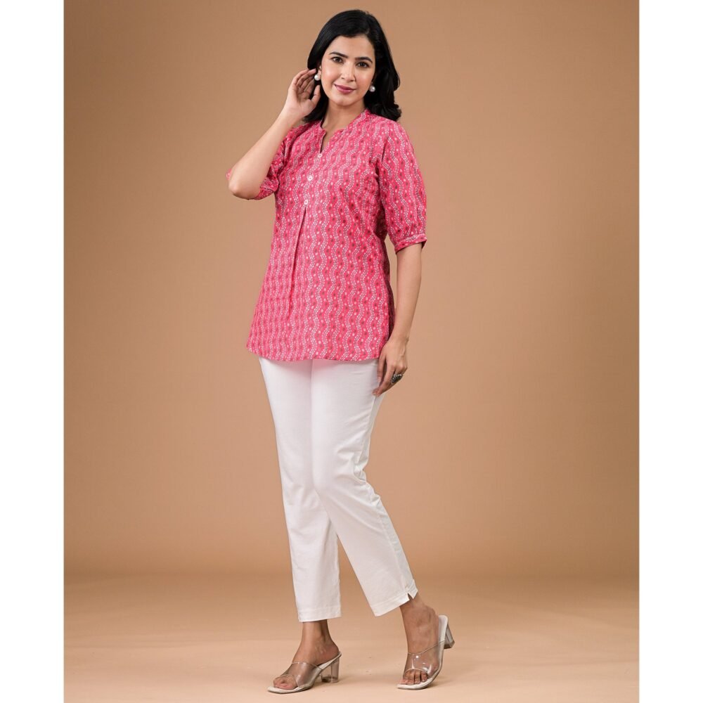 Pink Foil Printed Pure Cotton A-Line Top - Image 4