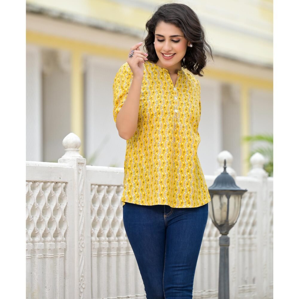 Yellow Foil Printed Pure Cotton A-Line Top - Image 4