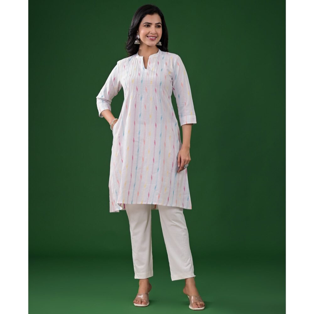 White Printed Pure Cotton A-Line Kurti - Image 4