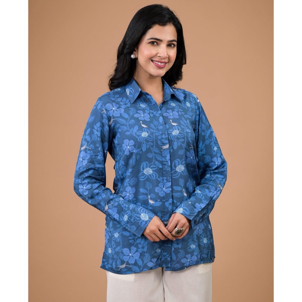Blue Foil Printed Muslin Shirt - Image 4