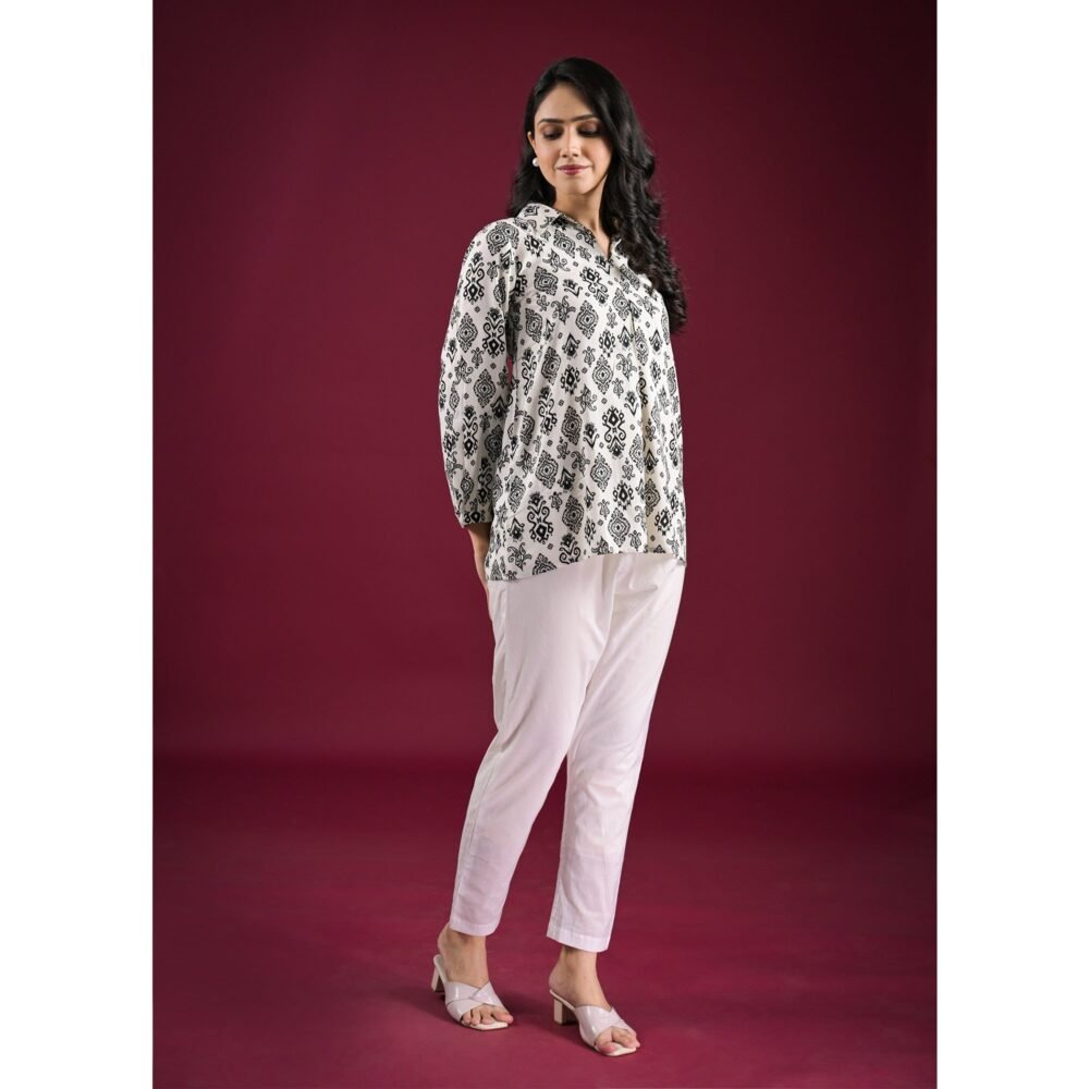 White & Black Floral Printed Rayon Top - Image 4