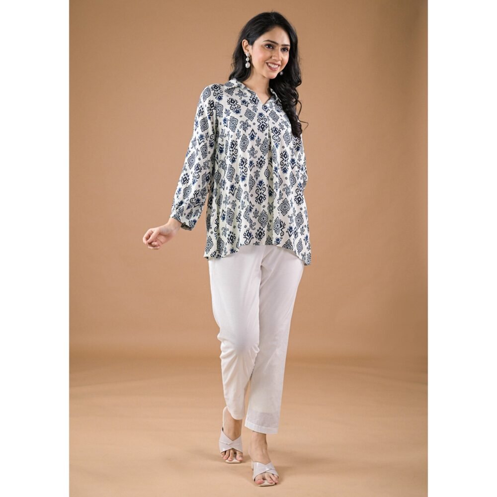 White & Blue Floral Printed Rayon Top - Image 4