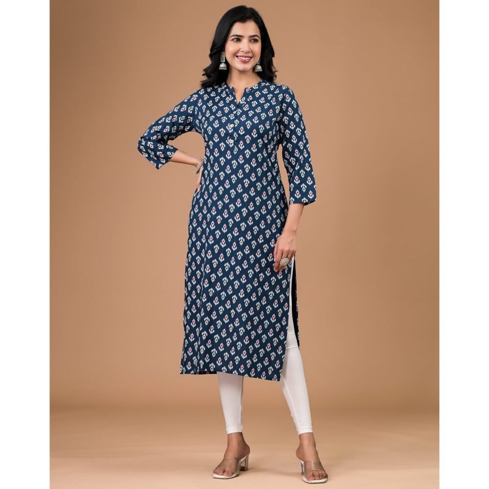 Navy Blue Rayon Printed Straight Kurti - Image 4