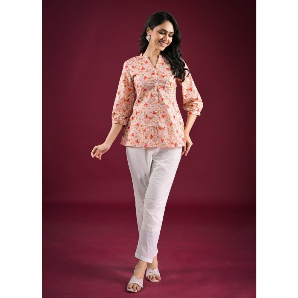 Peach Floral Printed Pure Cotton Top - Image 4