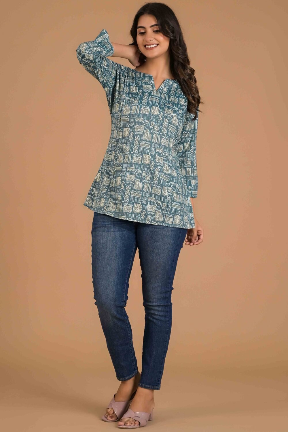 Blue Printed Pure Cotton Straight Top - Image 6