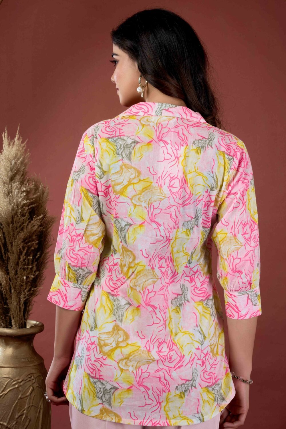 Yellow & Pink Floral Printed Pure Cotton A-Line Top - Image 4