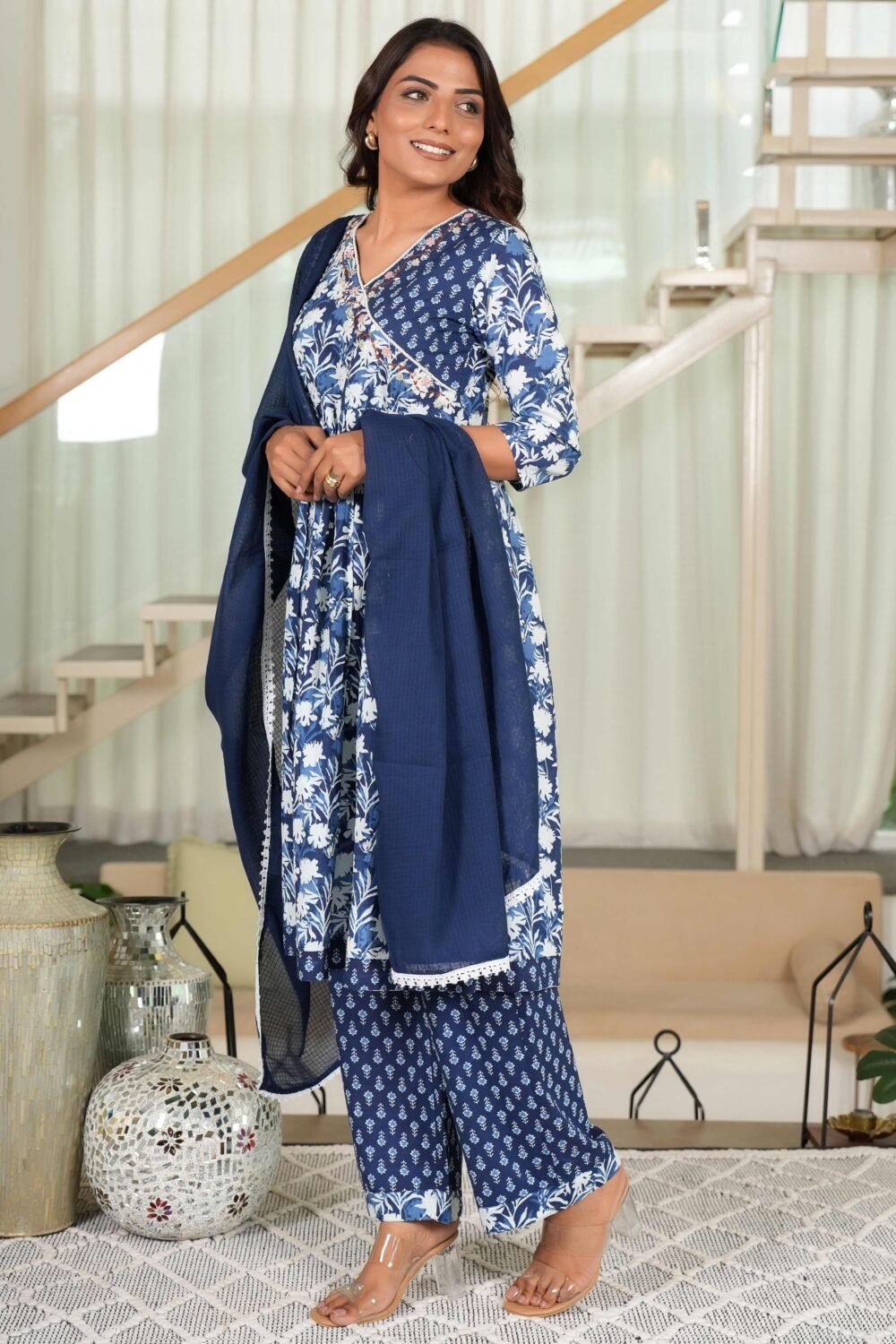 Dark Blue Anarkali Salwar Suit Featuring Floral Prints on Pure Cotton - Image 4