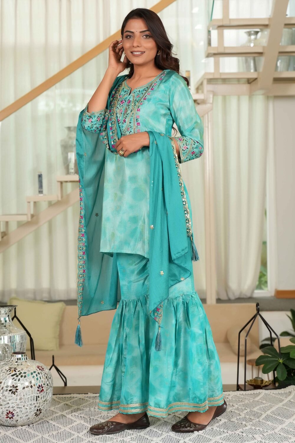Turquoise Embroidered Organza Sharara Set with Delicate Floral Sequins - Image 4