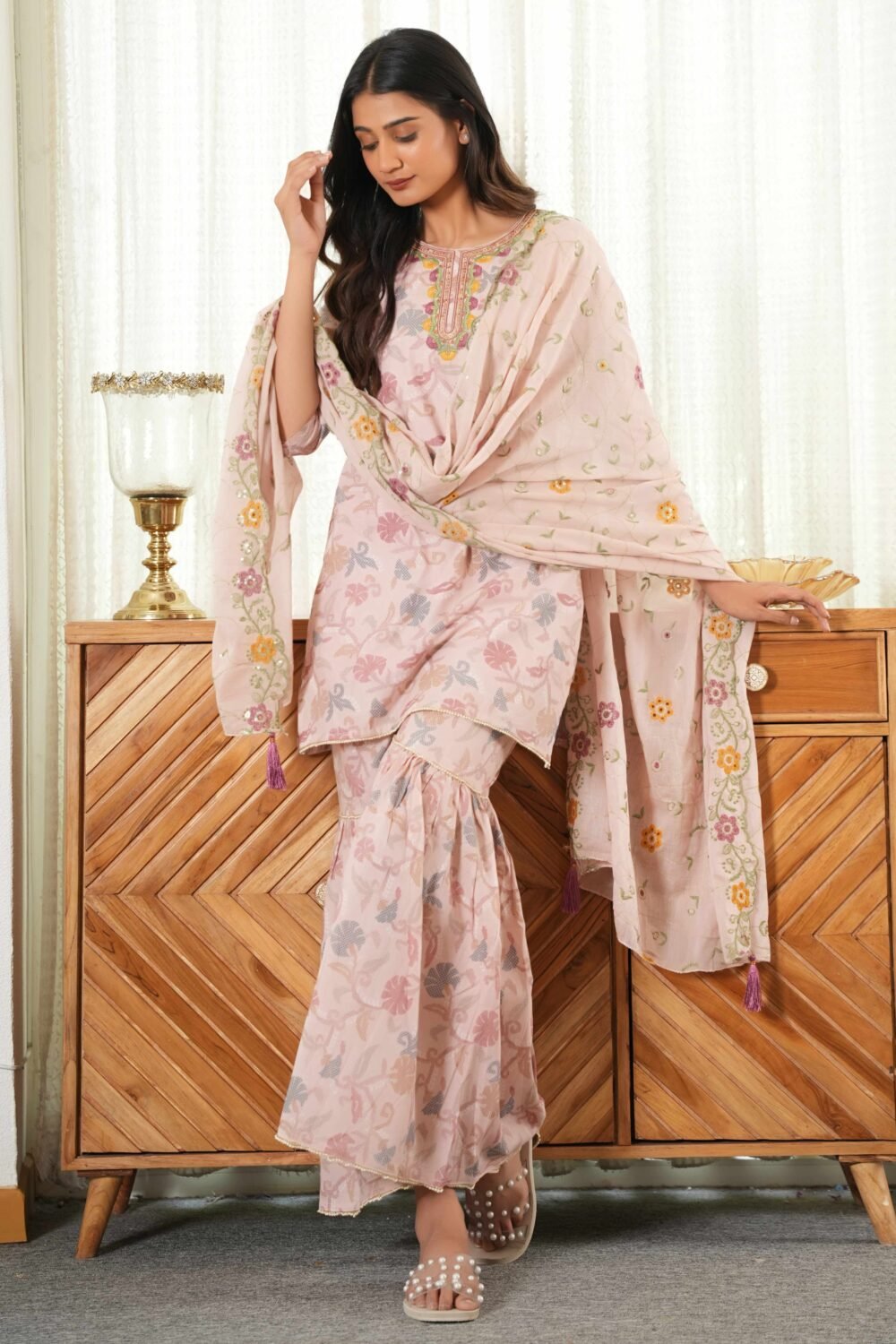 Elegant Baby Pink Floral Printed Pure Cotton Sharara Suit for Festive Charm - Image 4