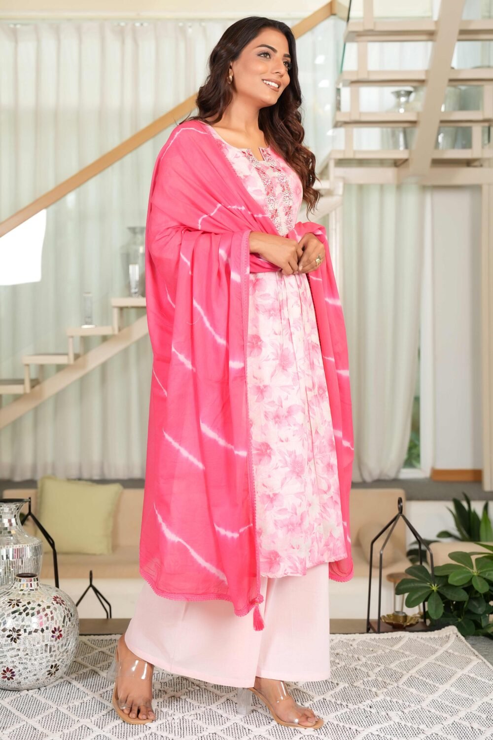 Feminine A-Line Salwar Suit in Soft Pink Pure Cotton with Delicate Floral Prints and Embroidery Highlights - Image 4