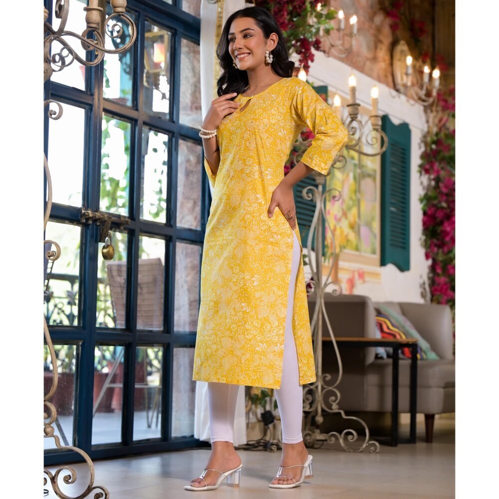 Yellow Floral Printed Pure Cotton Straight Kurti - Image 4