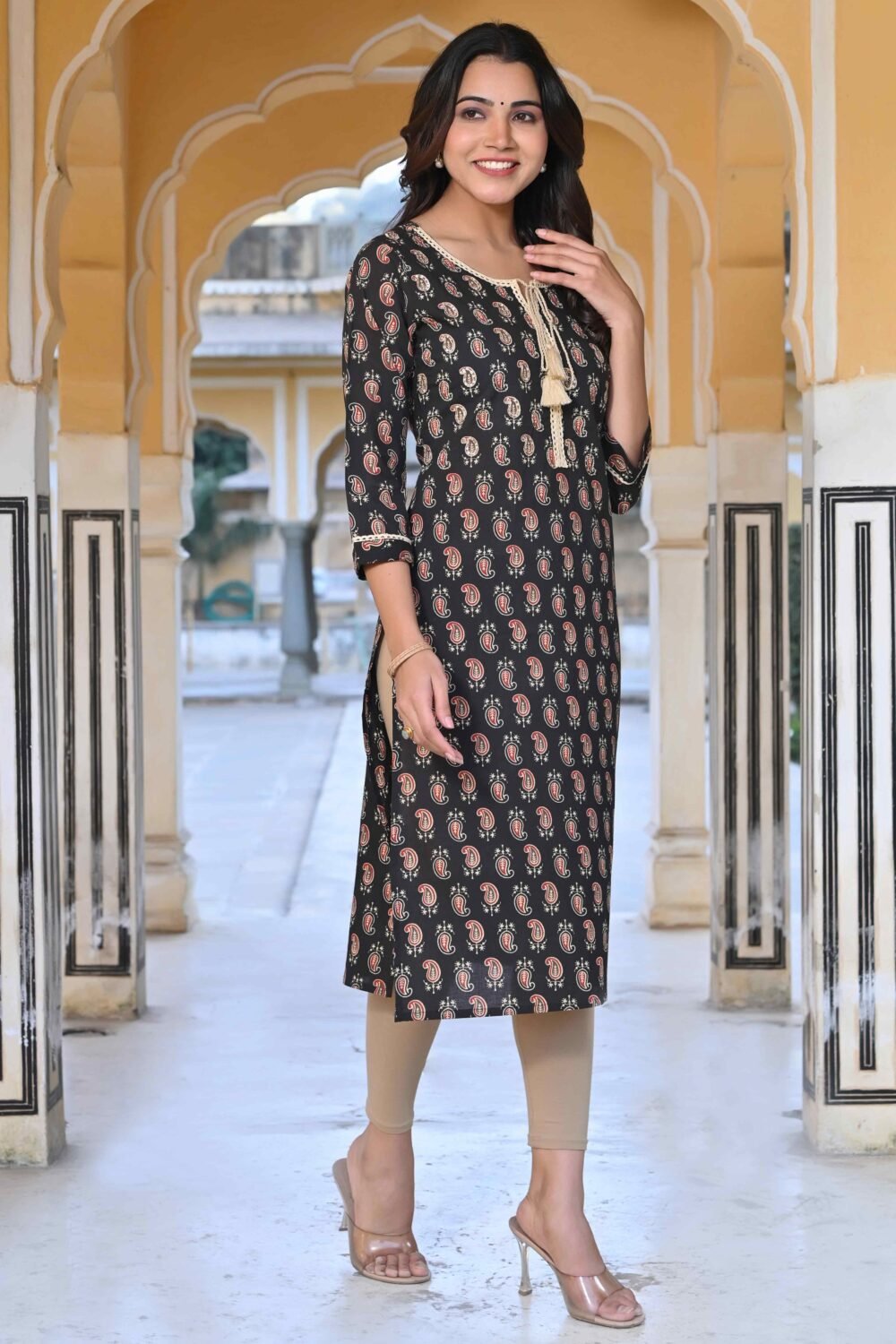 Black Paisley Printed Pure Cotton Straight Kurti - Image 4