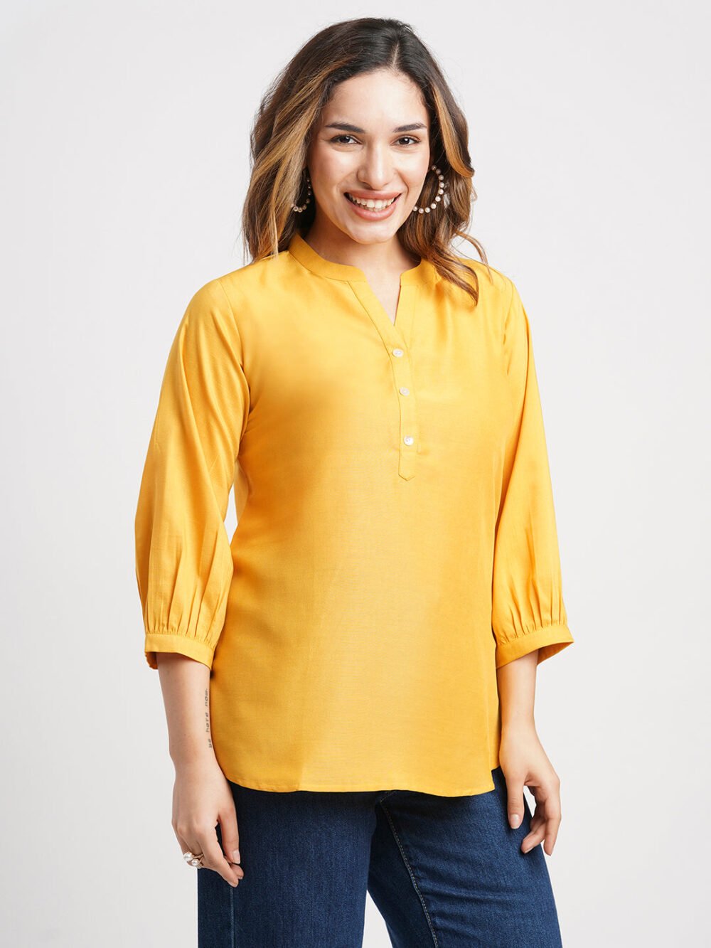 Mustard Solid Poly Chinon Straight Top - Image 3