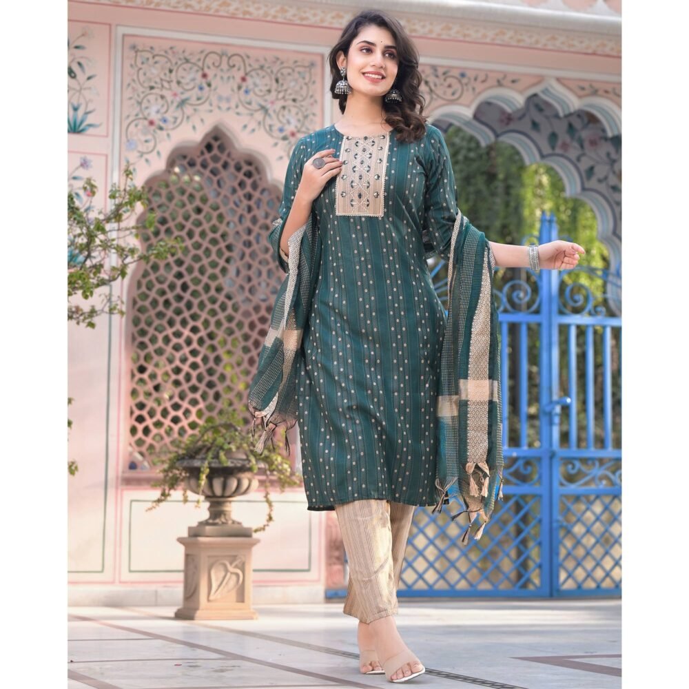 Green Woven Pure Cotton Straight Salwar Suit - Image 5