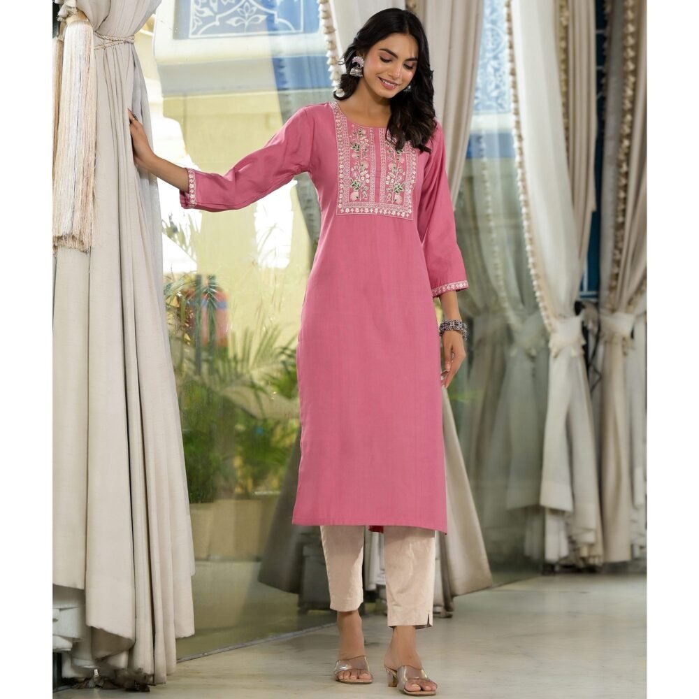 Pink Yoke Embroidered Viscose Straight Kurti - Image 4