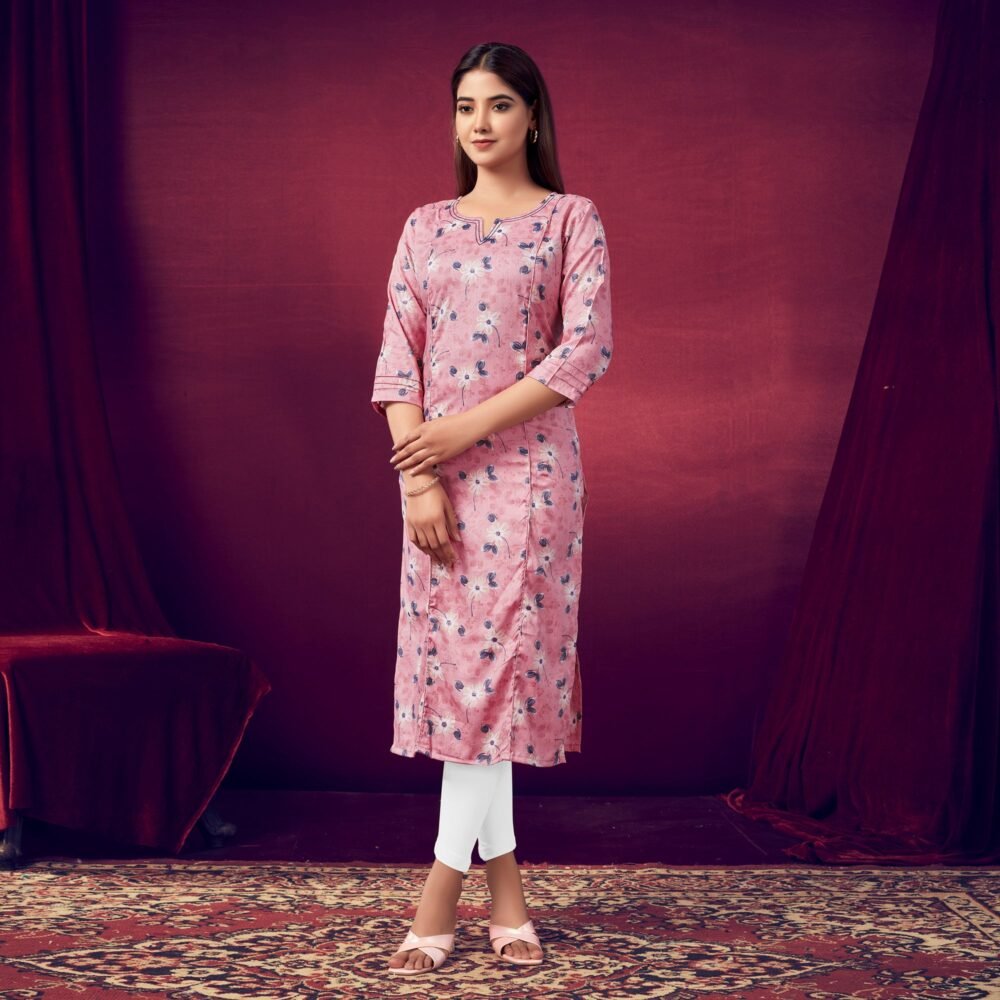 Pink Floral Foil Printed Rayon Kurti - Image 7