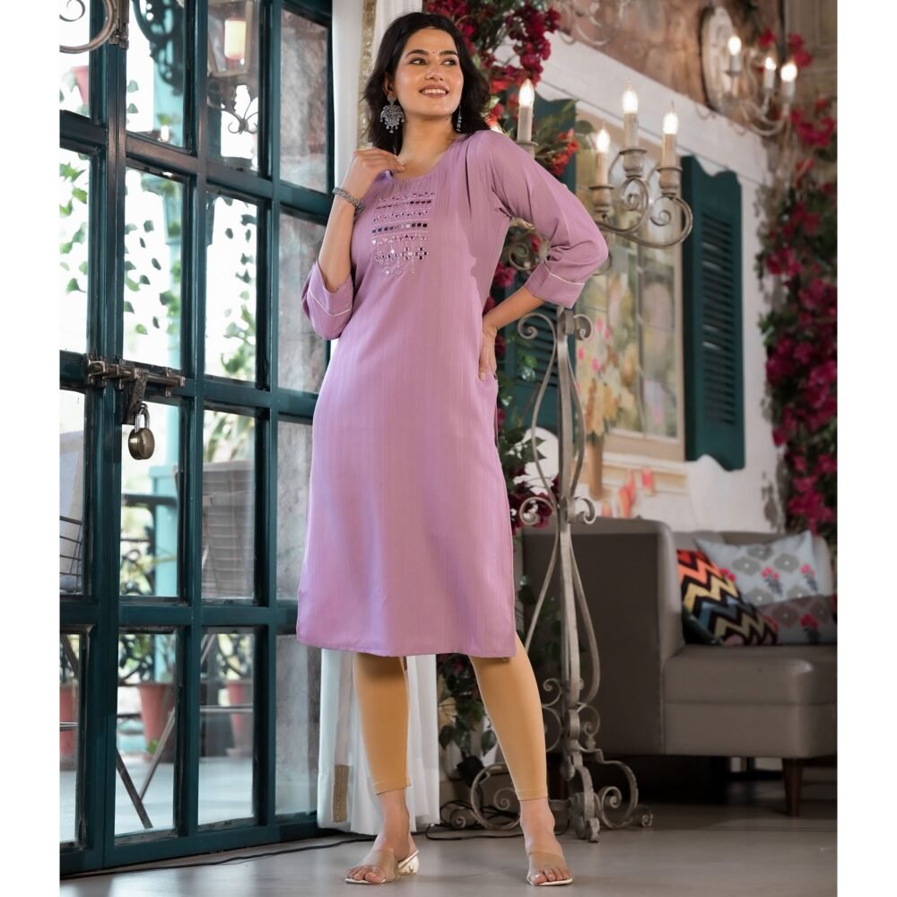Purple Striped Embroidered Rayon Straight Kurti - Image 4