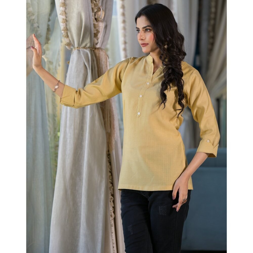 Beige Solid Cotton Silk Straight Top - Image 5