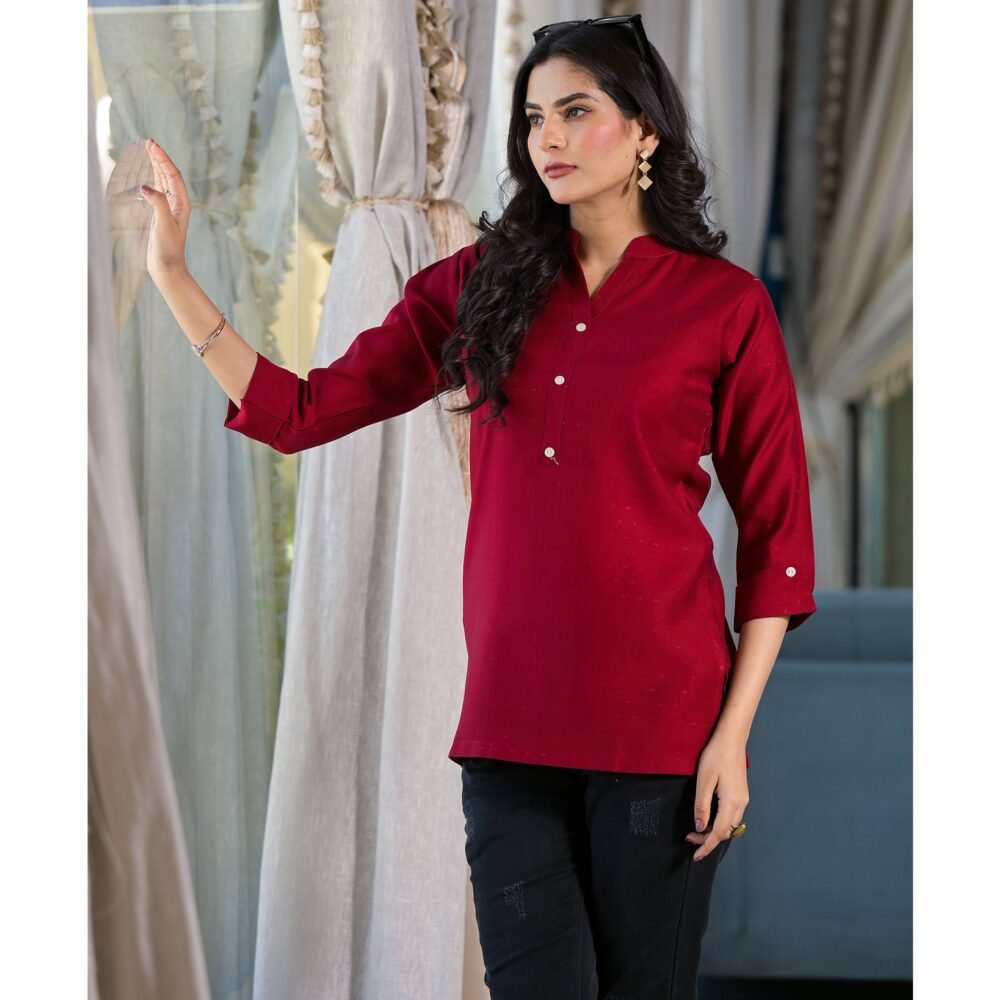 Maroon Solid Cotton Silk Straight Top - Image 5