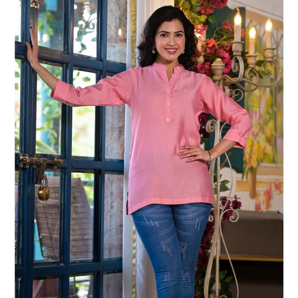 Pink Solid Cotton Silk Straight Top - Image 5