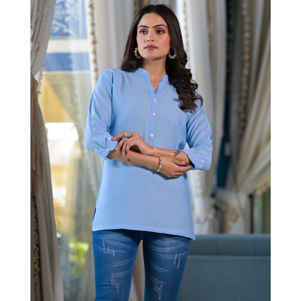 Sky Blue Solid Cotton Silk Straight Top - Image 5