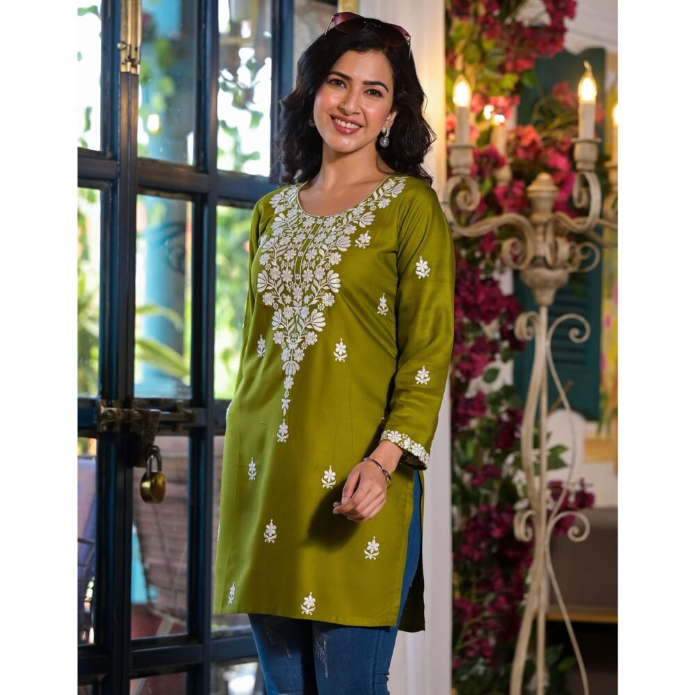 Green Embroidered Rayon Straight Top - Image 5