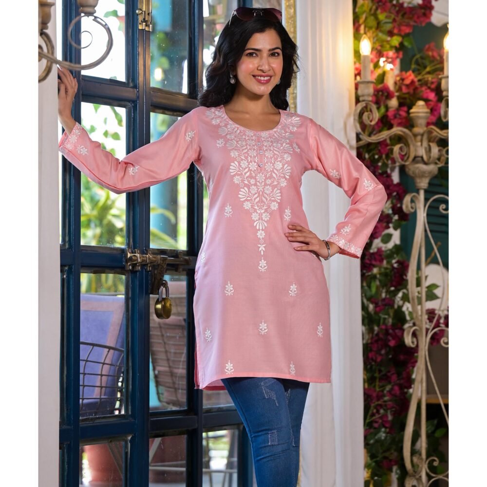 Peach Embroidered Rayon Straight Top - Image 5