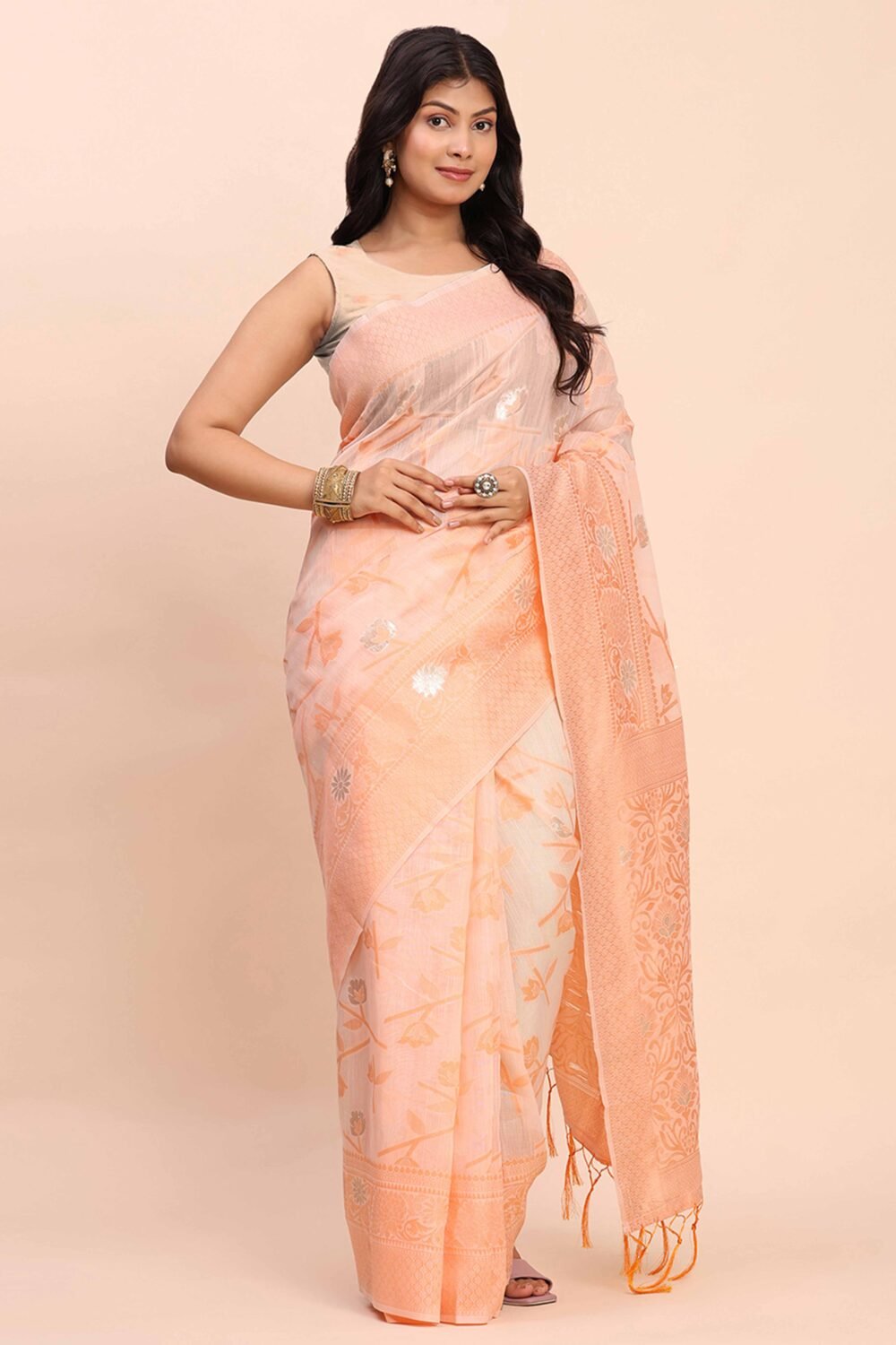 Peach Floral Linen Cotton Saree Accented With Zari Weaving & Tassel Pallu Elegance - Image 4