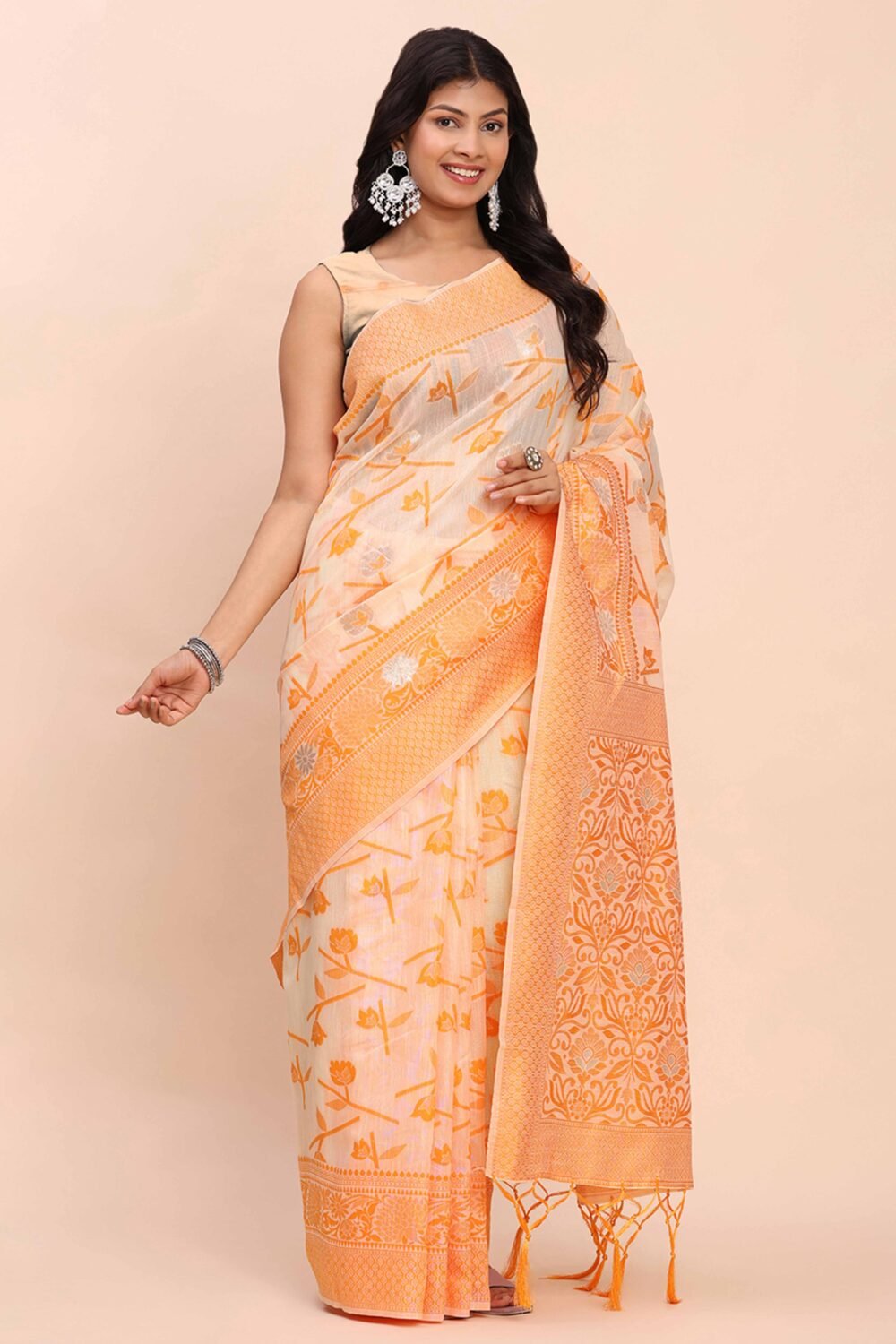 Orange Floral Linen Cotton Saree Accented With Zari Weaving & Tassel Pallu Elegance - Image 4
