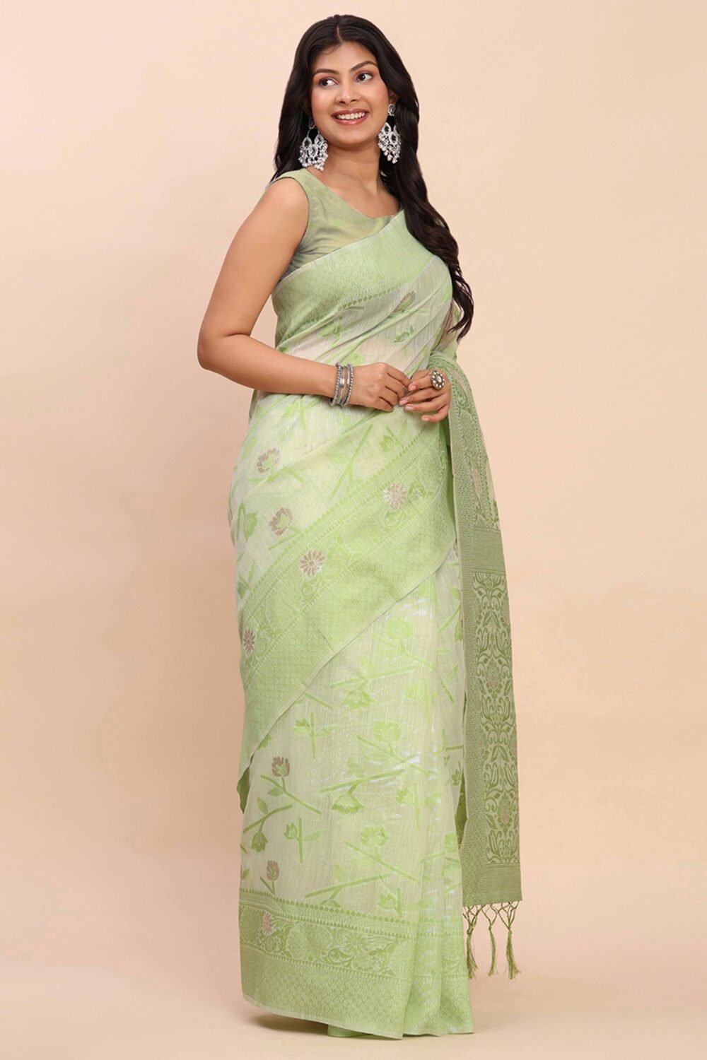 Light Green Floral Linen Cotton Saree Accented With Zari Weaving & Tassel Pallu Elegance - Image 4