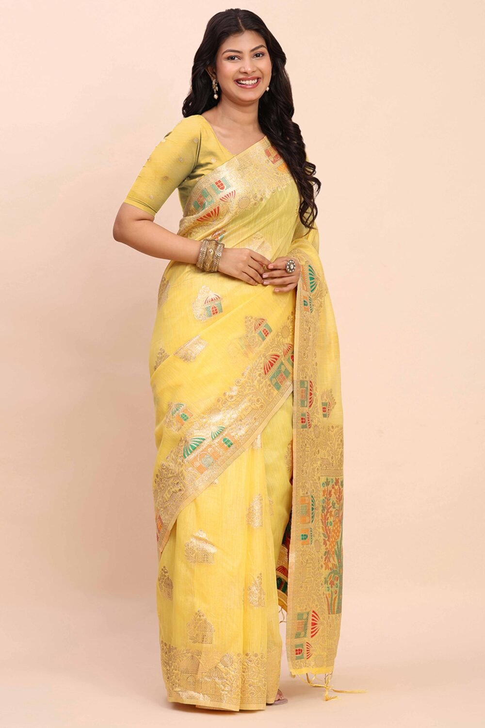 Yellow Bloom Zari Woven Linen Cotton Saree Adorned With Floral Motifs & A Tassel Finish - Image 4
