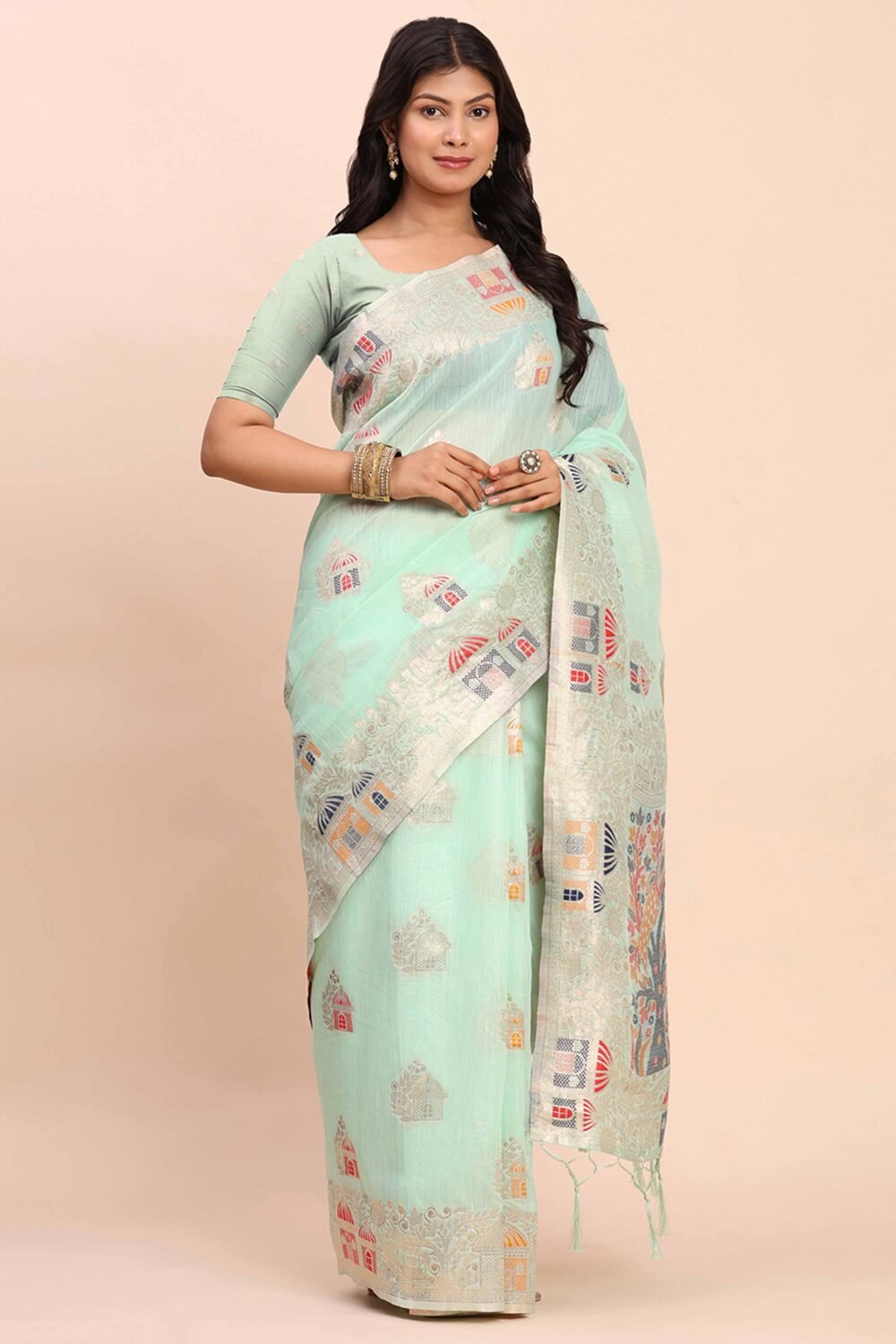 Sea Green Bloom Zari Woven Linen Cotton Saree Adorned With Floral Motifs & A Tassel Finish - Image 4
