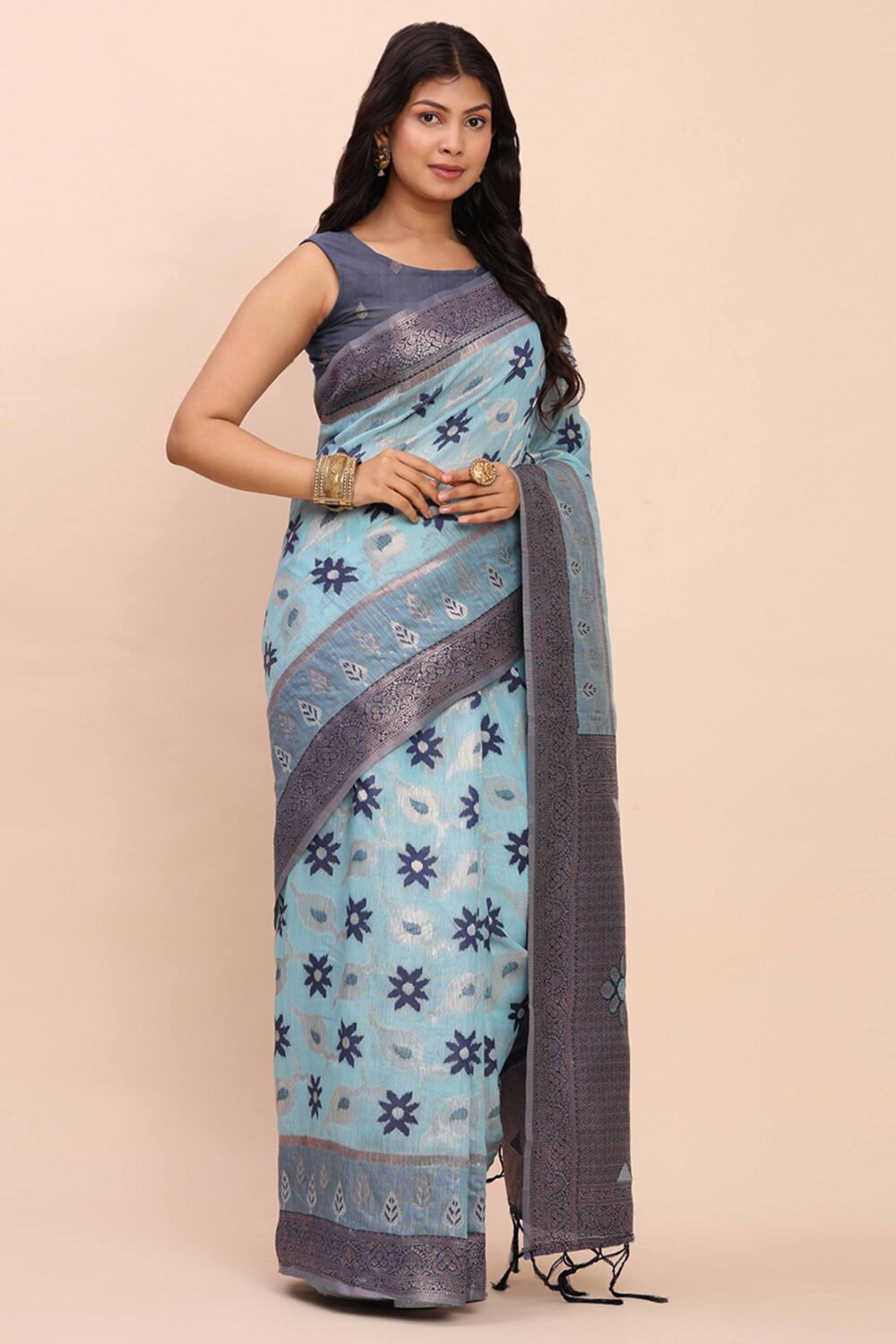 Sky Blue Patola Inspired Linen Cotton Saree Adorned With Zari Weaving & Graceful Tassel Pallu - Image 4