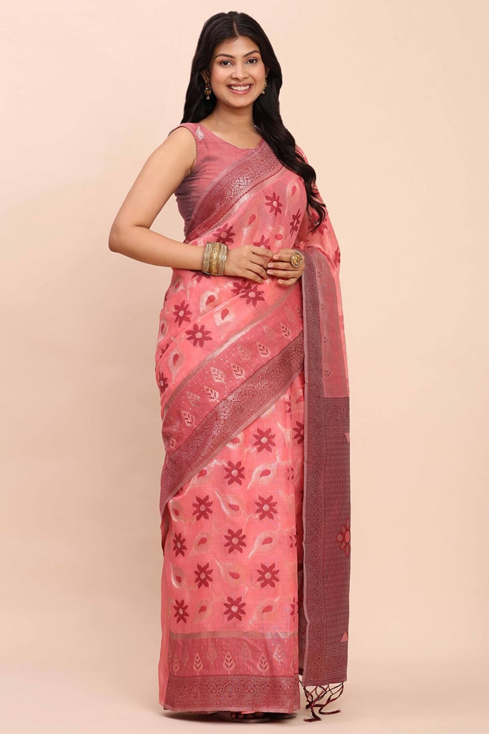 Salmon Pink Patola Inspired Linen Cotton Saree Adorned With Zari Weaving & Graceful Tassel Pallu - Image 4