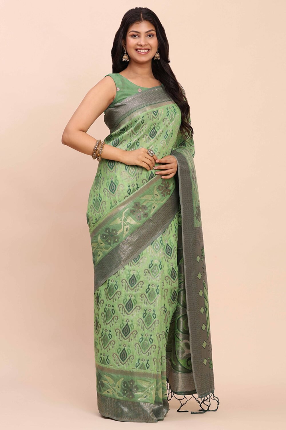 Green Patola Inspired Linen Cotton Saree Adorned With Zari Weaving & Graceful Tassel Pallu - Image 4