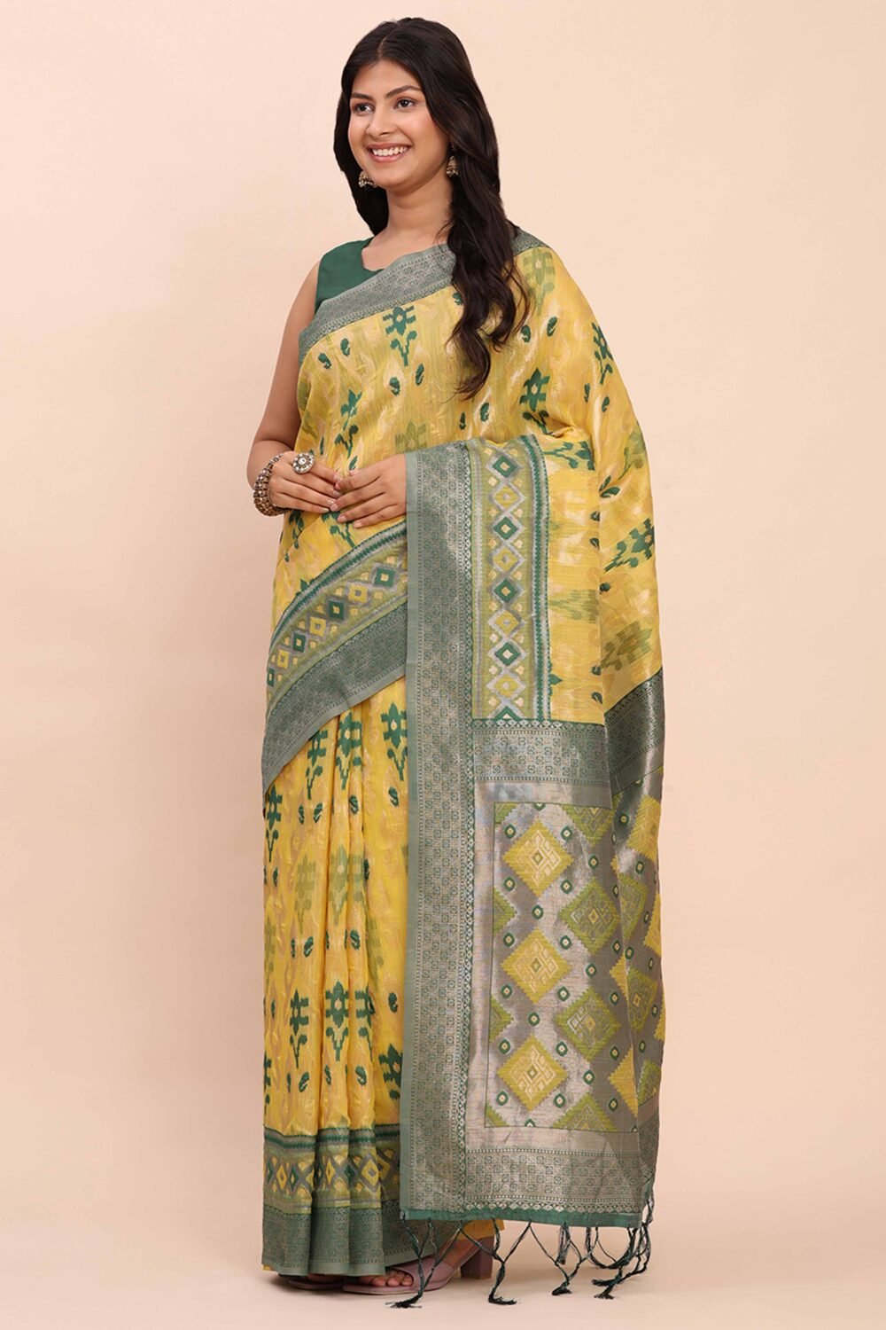 Yellow Patola Inspired Linen Cotton Saree Adorned With Zari Weaving & Graceful Tassel Pallu - Image 4