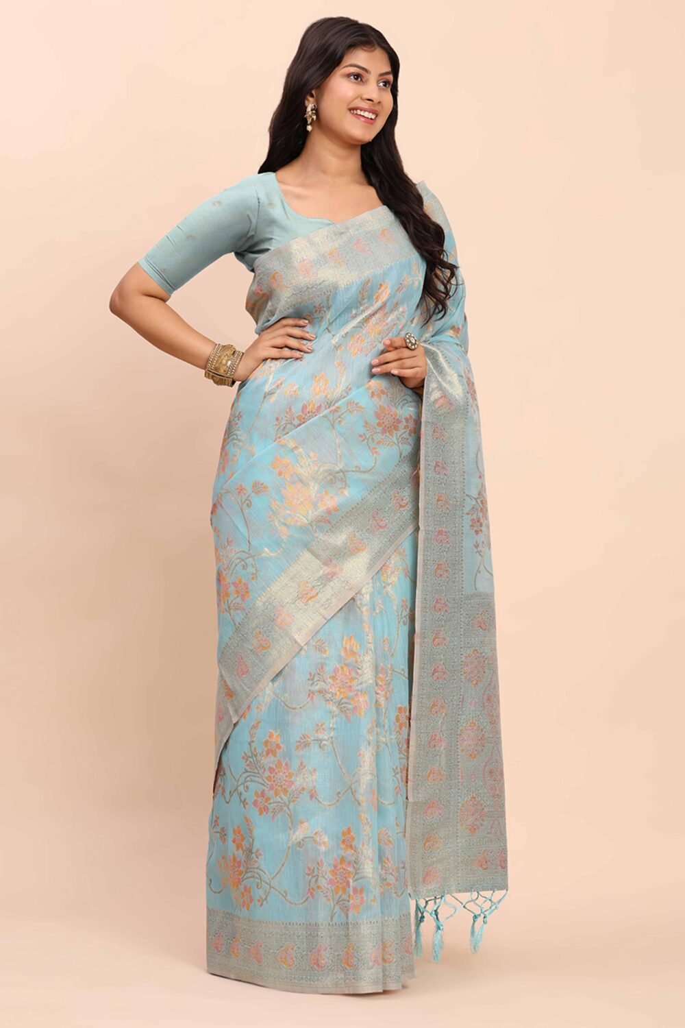 Sky Blue Linen Cotton Saree Showcasing Floral Zari Weaves & A Tasselled Finish Pallu - Image 4