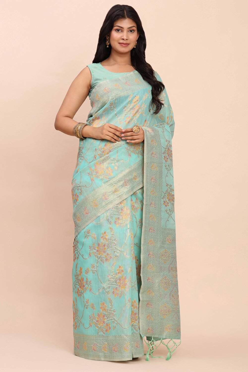 Turquoise Linen Cotton Saree Showcasing Floral Zari Weaves & A Tasselled Finish Pallu - Image 4