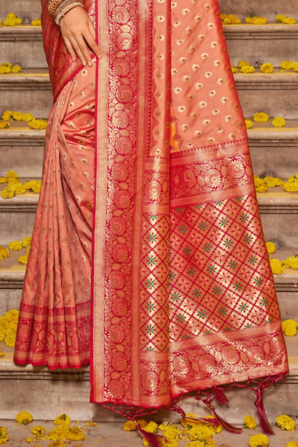 Peach Banarasi Silk Saree Featuring Intricate Floral Weaving & Elegant Tassel Pallu - Image 4