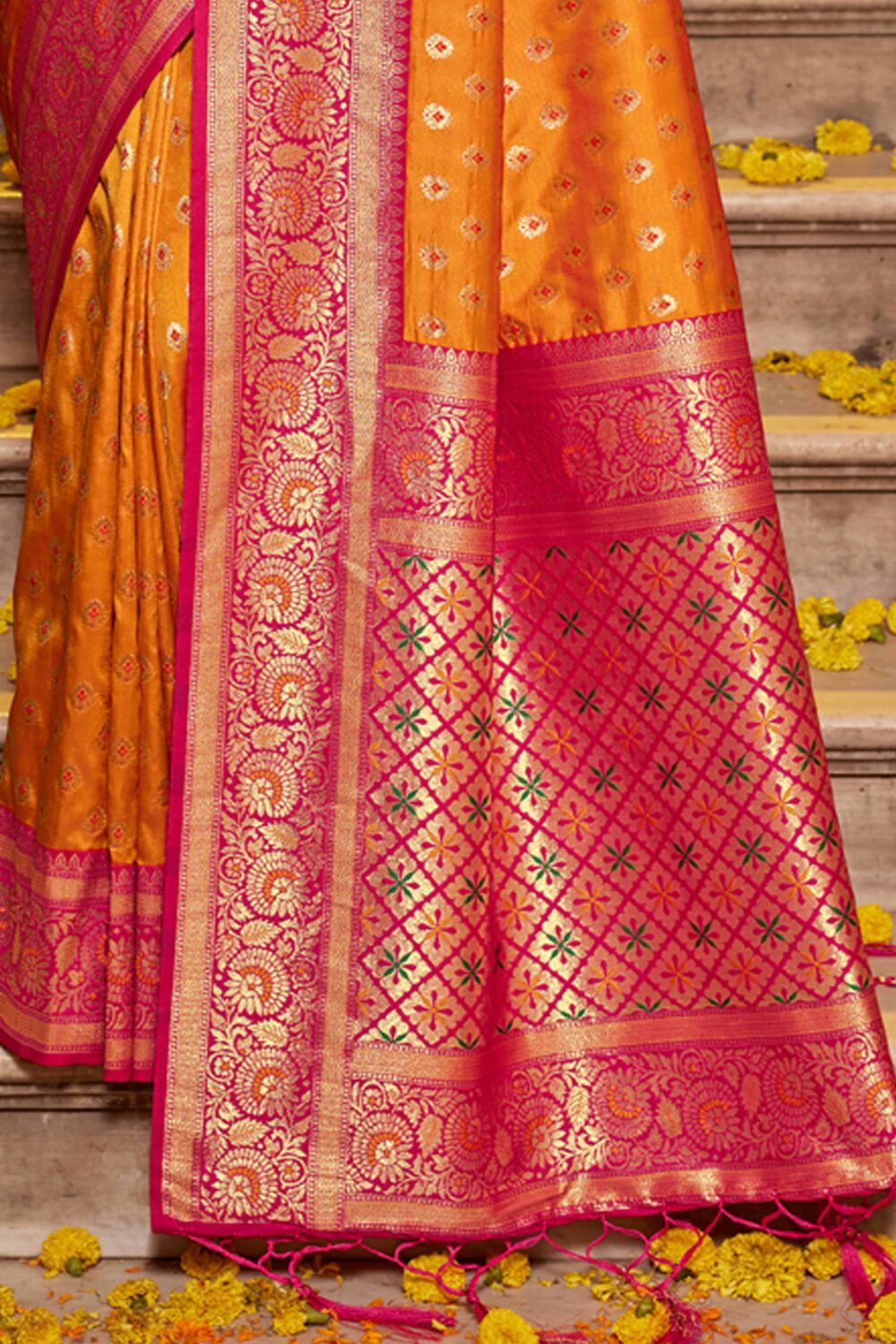 Orange Banarasi Silk Saree Featuring Intricate Floral Weaving & Elegant Tassel Pallu - Image 4