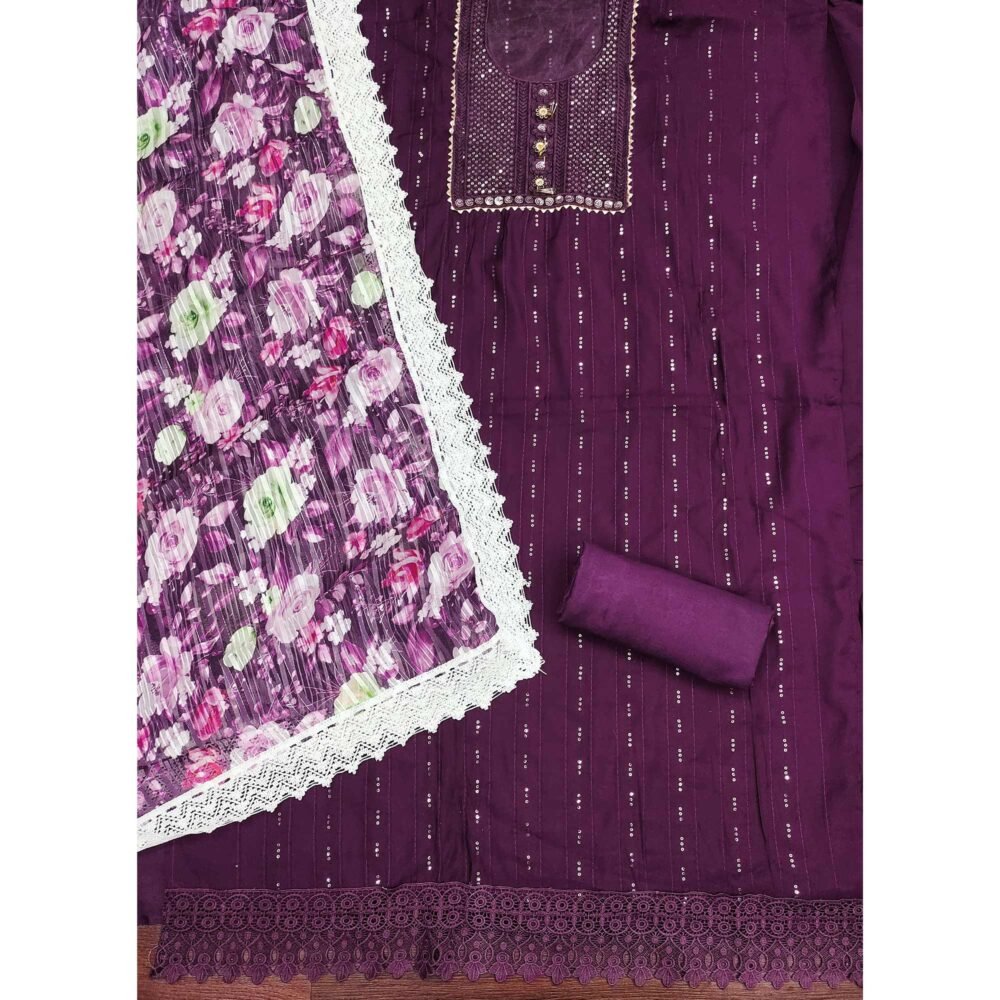 Deep Purple Cotton Blend Suit Material Enhanced with Sequins Embroidery - Image 4