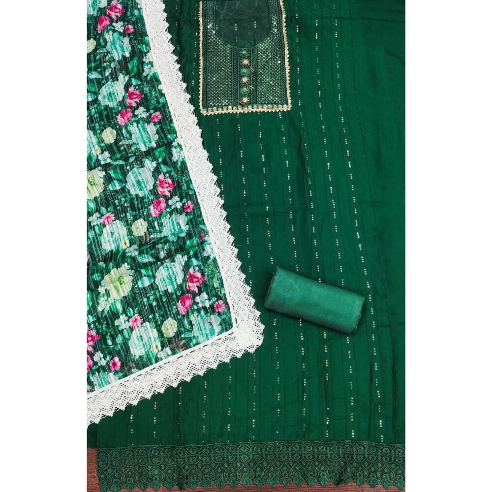 Green Cotton Blend Suit Material Enhanced with Sequins Embroidery - Image 4