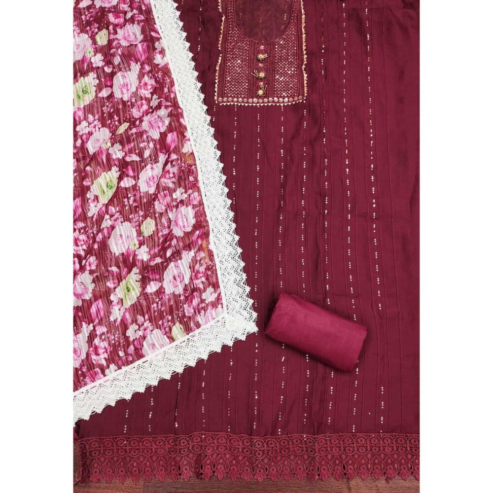 Maroon Cotton Blend Suit Material Enhanced with Sequins Embroidery - Image 4