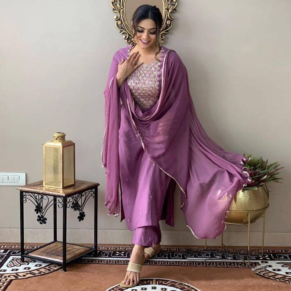 Purple Sequins Embroidered Rayon Kurti Set - Image 4
